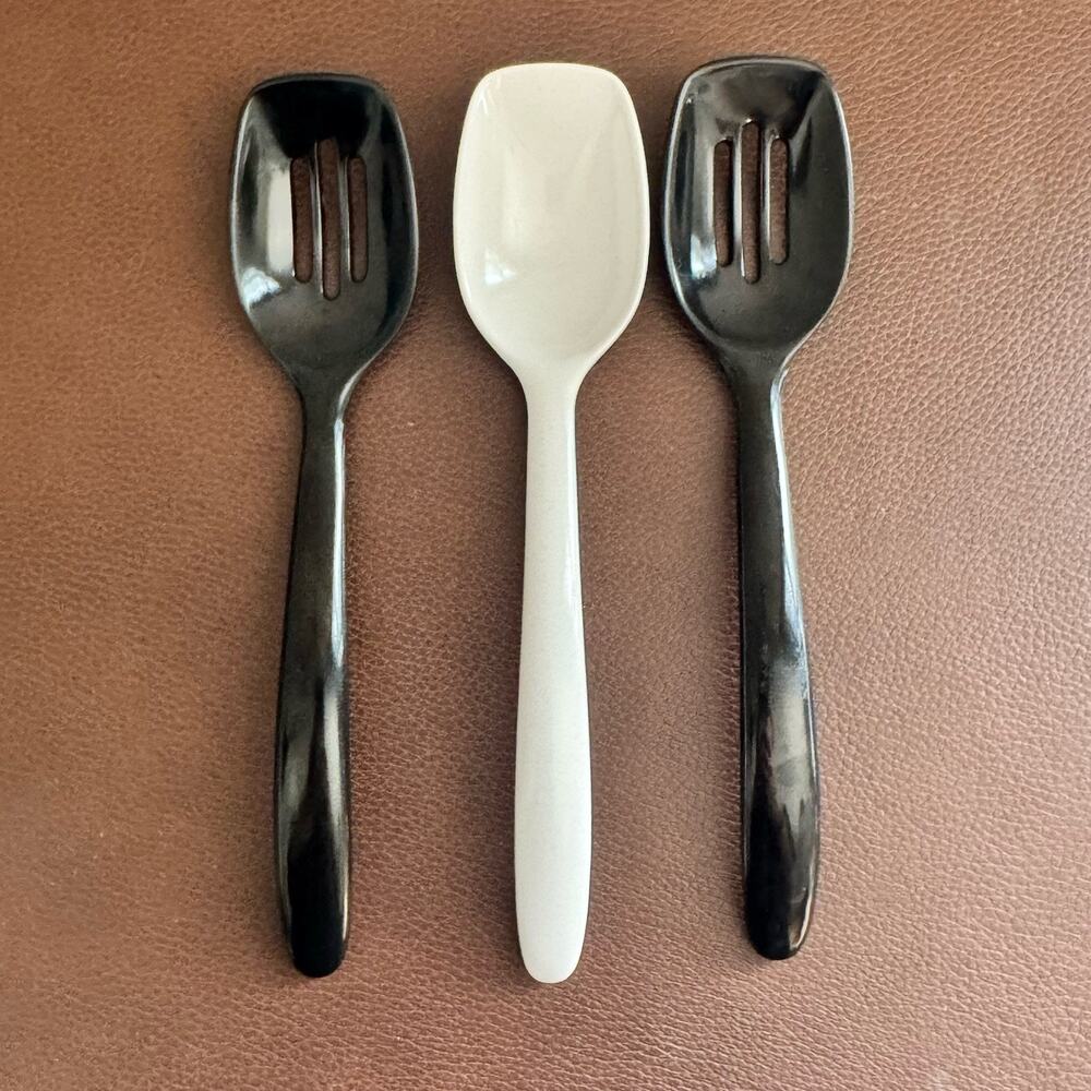 3 Hutzler Mini Slotted & Solid Spoons White Black Melamine #516 #517 Vintage